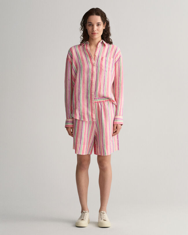 Mehrfarbig gestreifte Pull-On Leinen Shorts