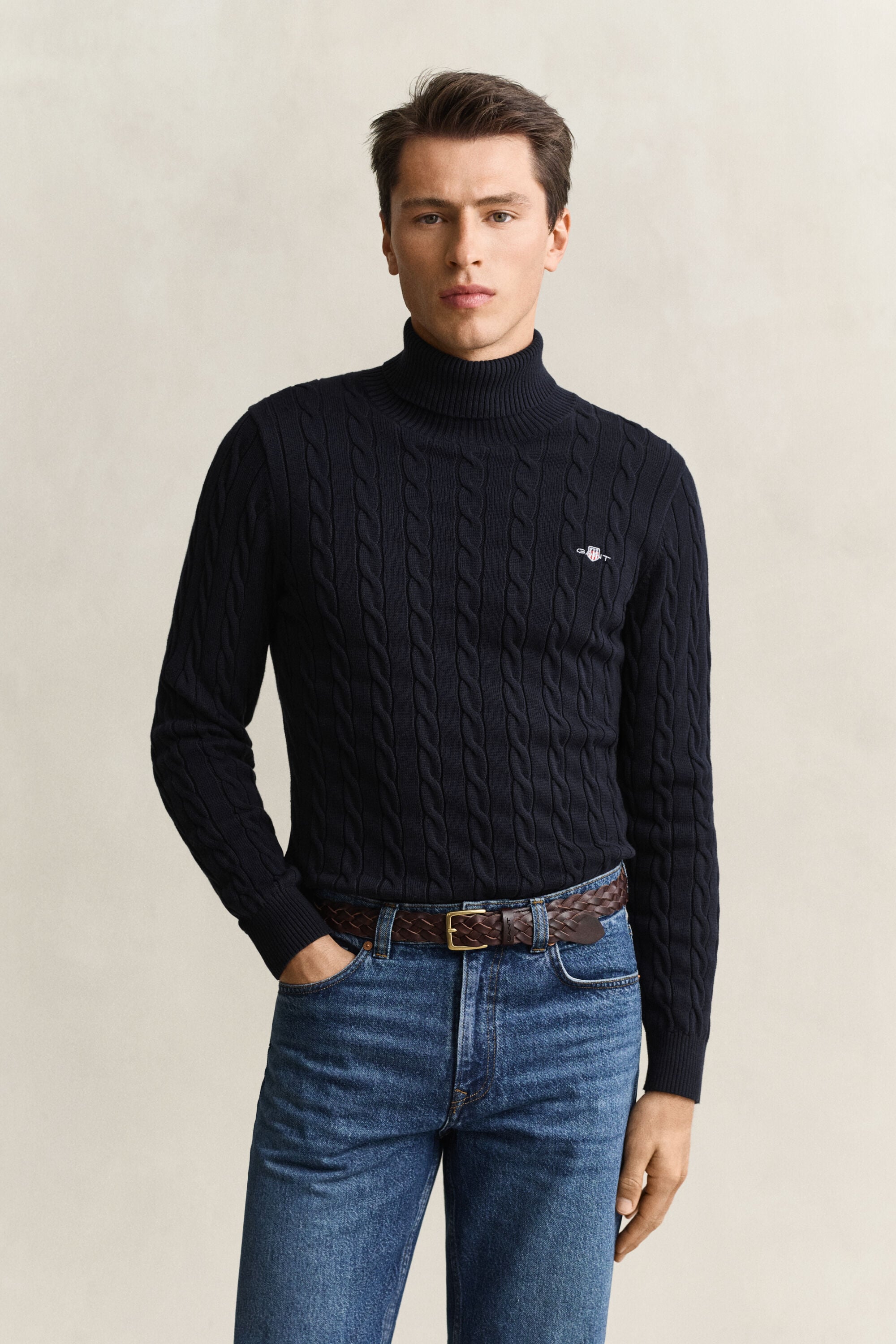 Zopfstrick Rollkragenpullover aus Baumwolle