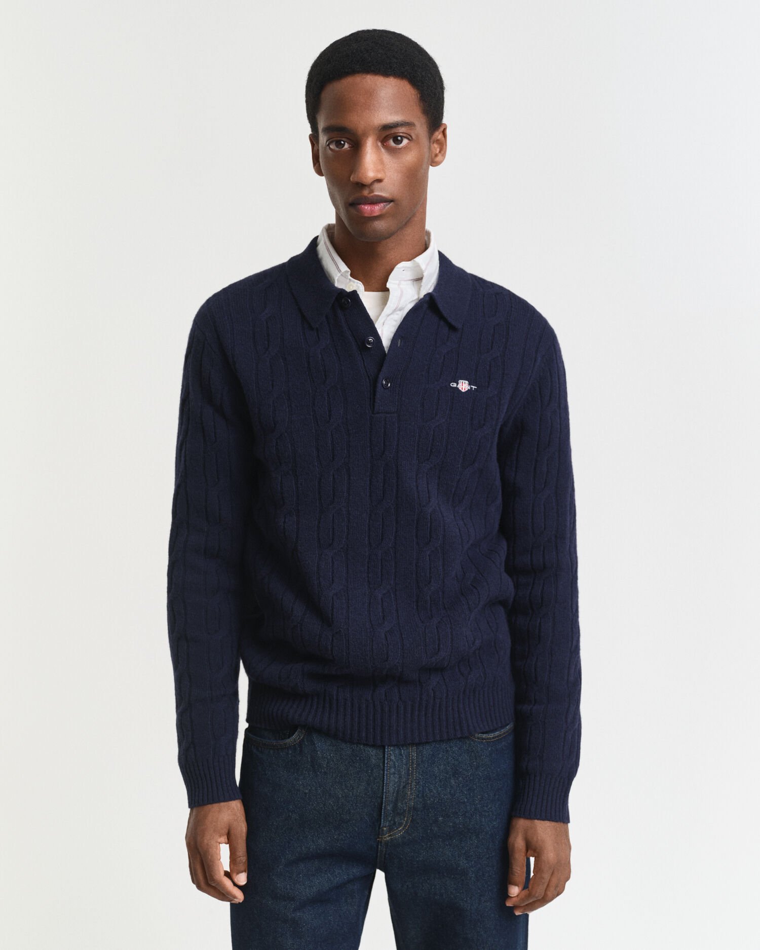Lambswool Zopfstrick Polopullover