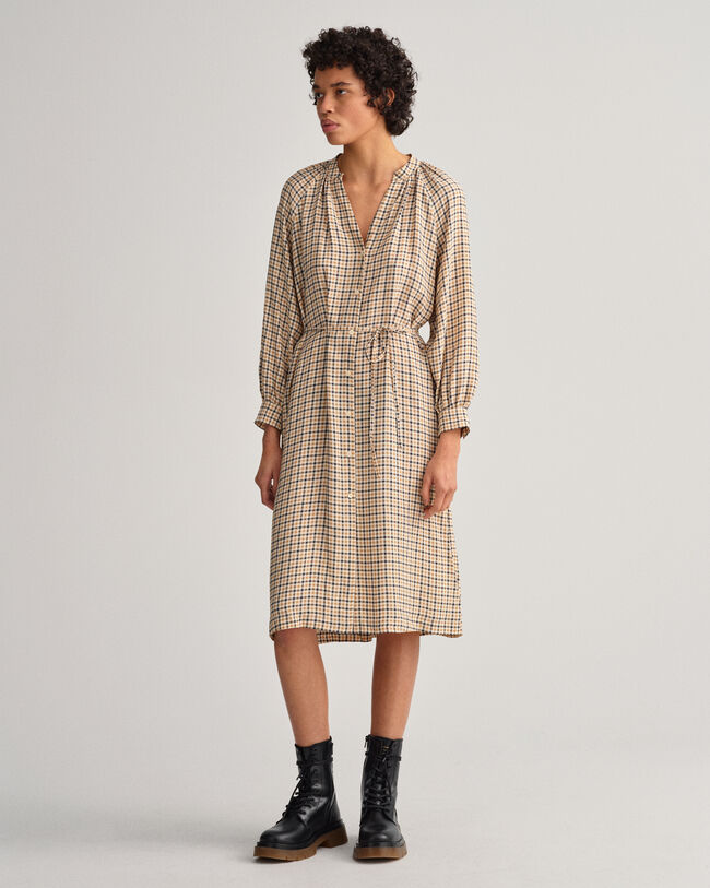 Kariertes Hemdblusenkleid mit Stehkragen
