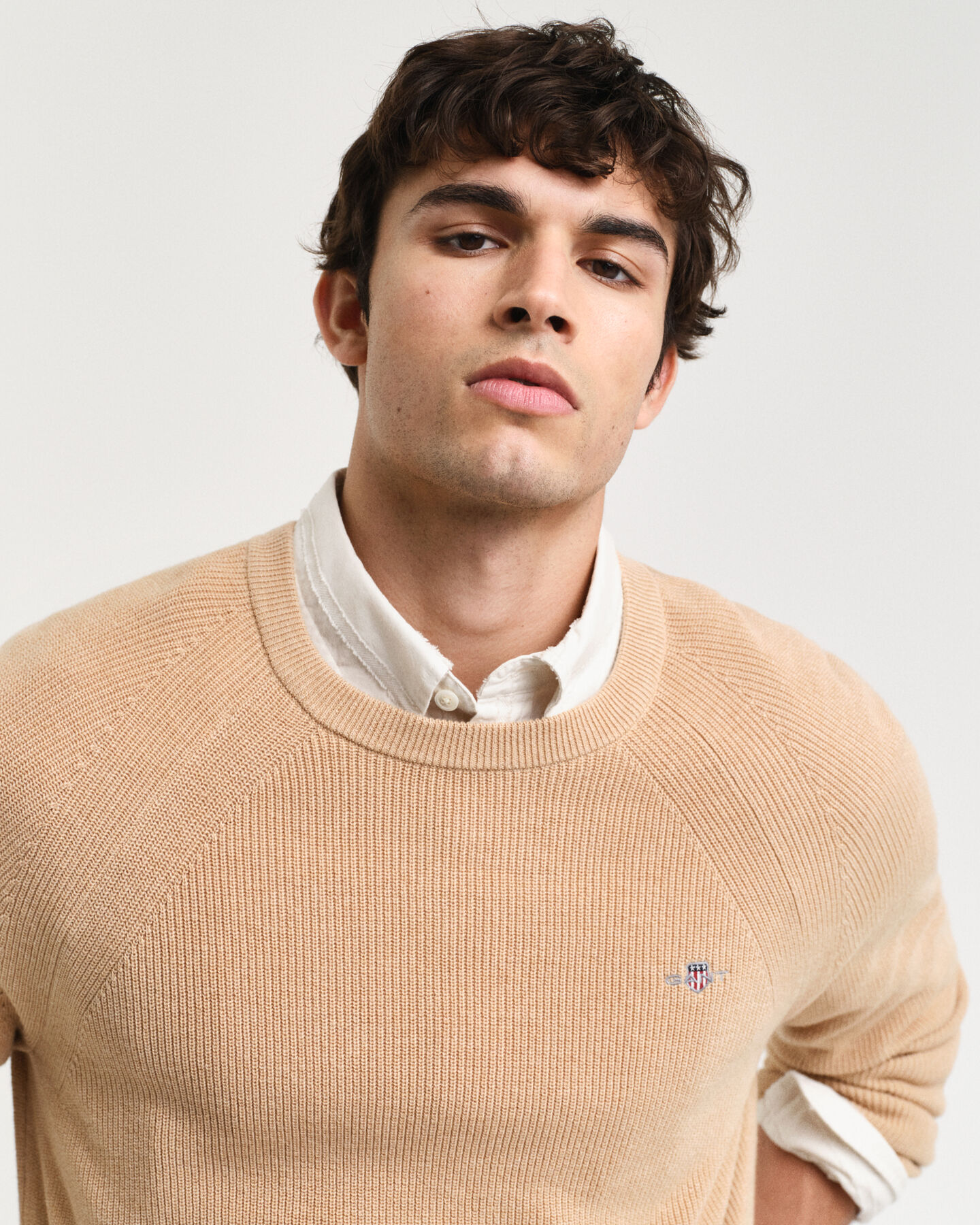 Gerippter Rundhalspullover aus Baumwoll-Woll-Gemisch