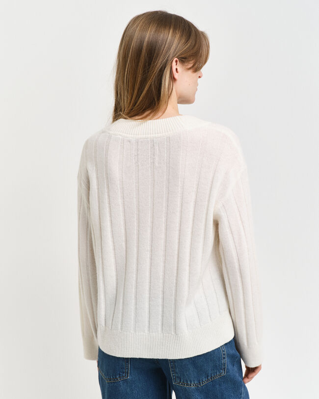 Breit gerippter V-Neck Wollpullover