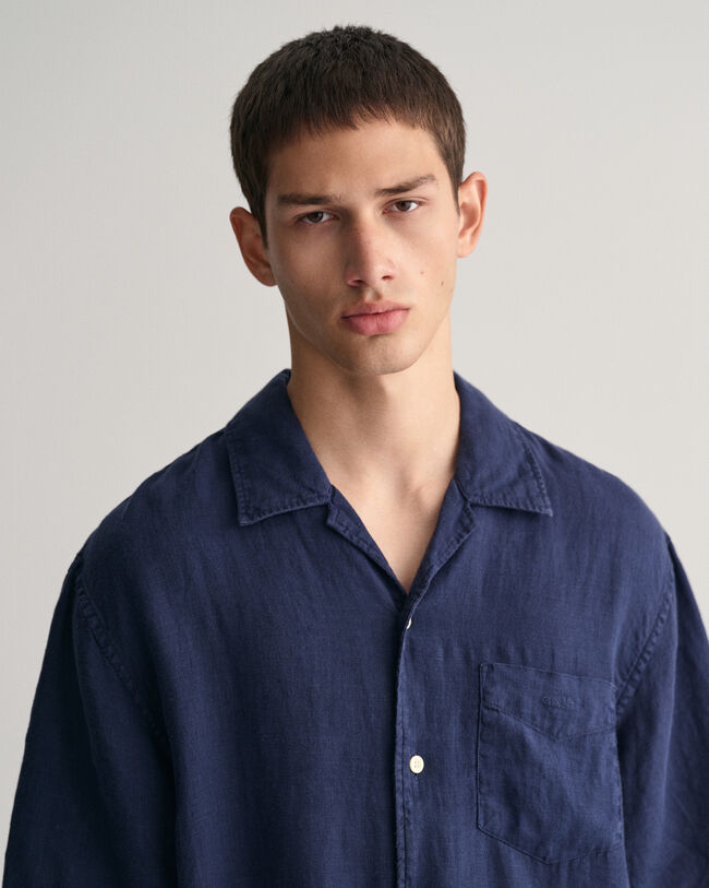 St&uuml;ckgef&auml;rbtes Relaxed Fit Leinen Kurzarmhemd