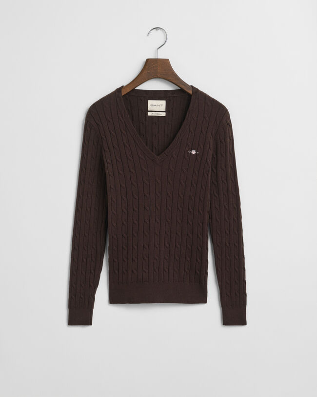 Zopfstrick V-Neck Pullover aus Stretch-Baumwolle