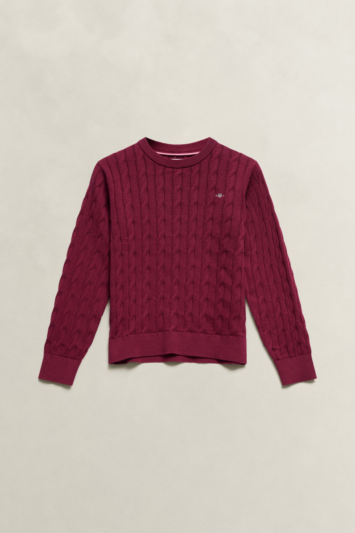 Teen Girls Shield Cable Knit Sweater — VIBRANT BURGUNDY