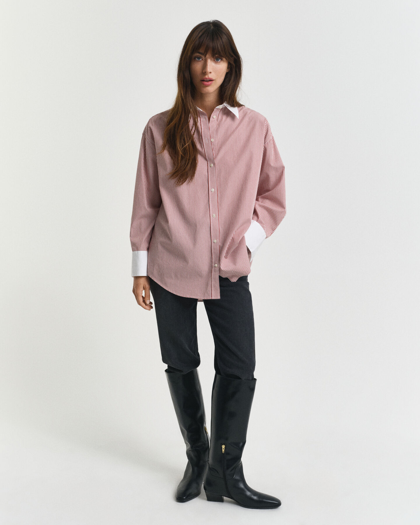 Oversized Bluse mit Kontrastkragen und Streifen