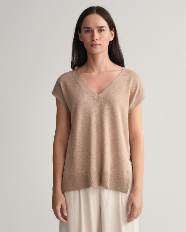 V-Neck Top aus Leinenmischgewebe