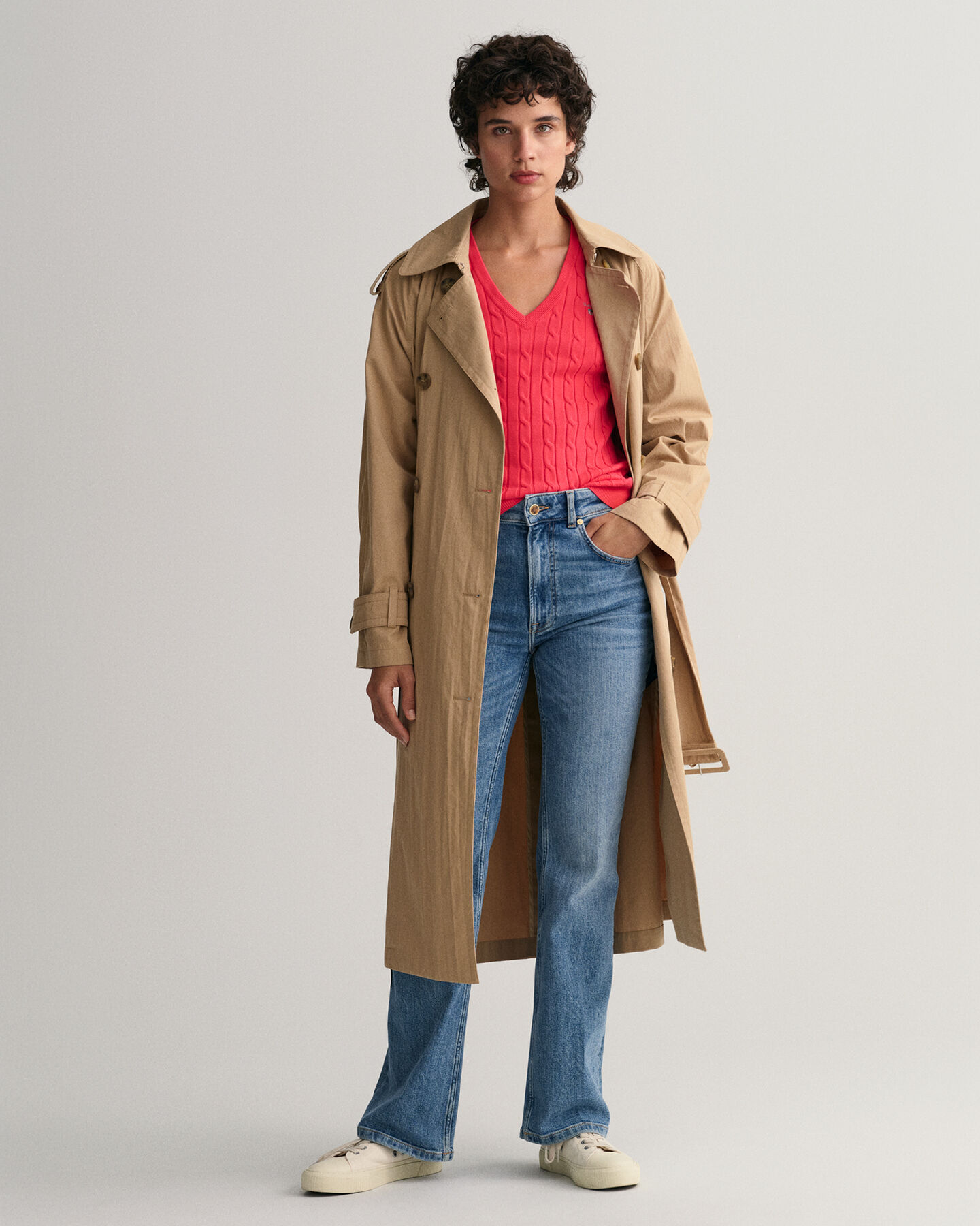 Zopfstrick V-Neck Pullover aus Stretch-Baumwolle