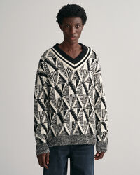 Geometric V-Neck Pullover mit Muster