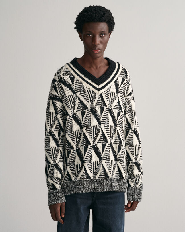Geometric V-Neck Pullover mit Muster