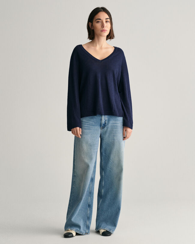 V-Neck Pullover aus Leinenmischgewebe