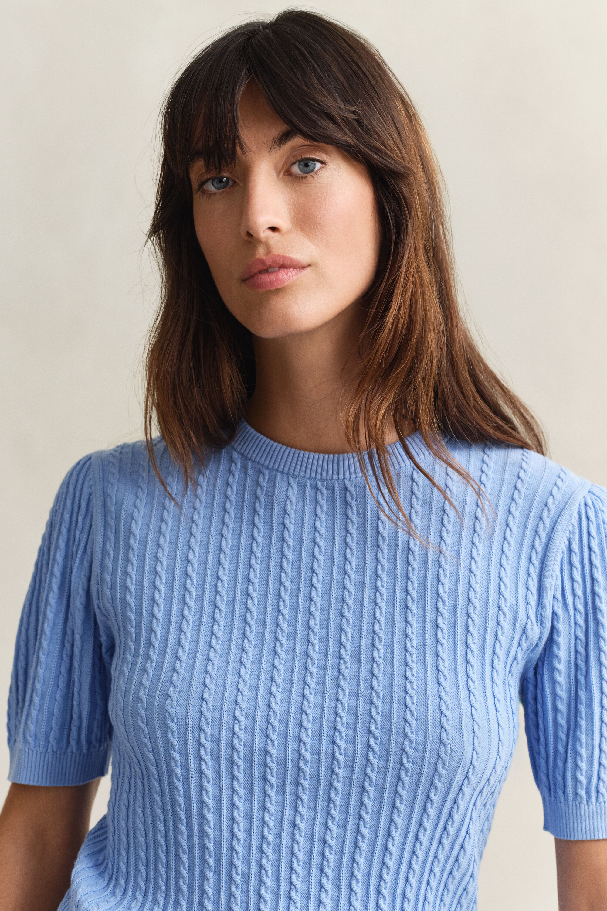 Kurzarmpullover aus Baumwolle mit Zopfmuster