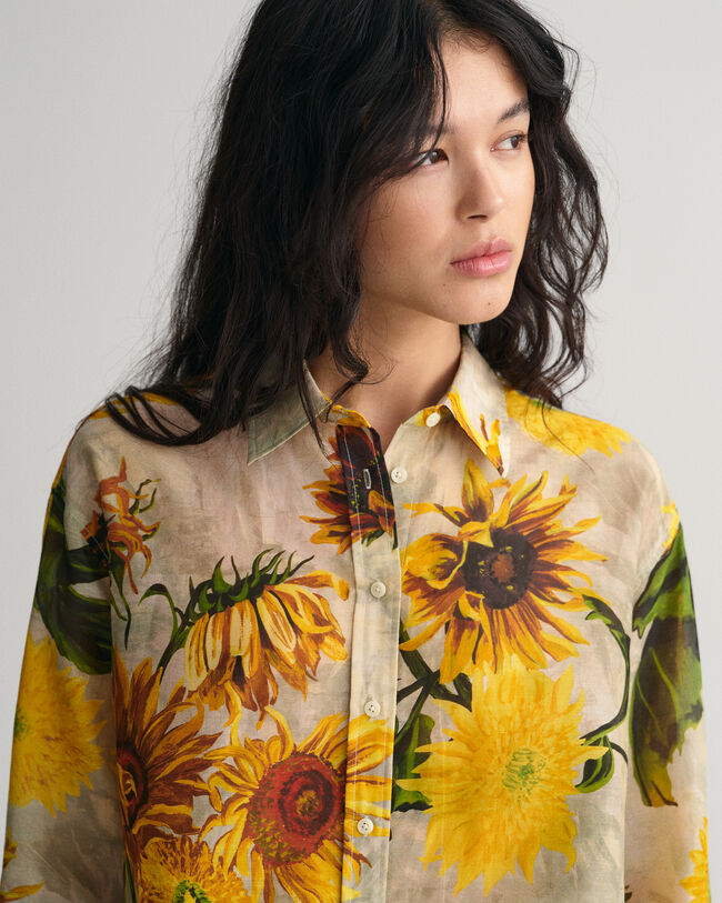Relaxed Fit Baumwoll Seiden Bluse mit Sonnenblumen-Print