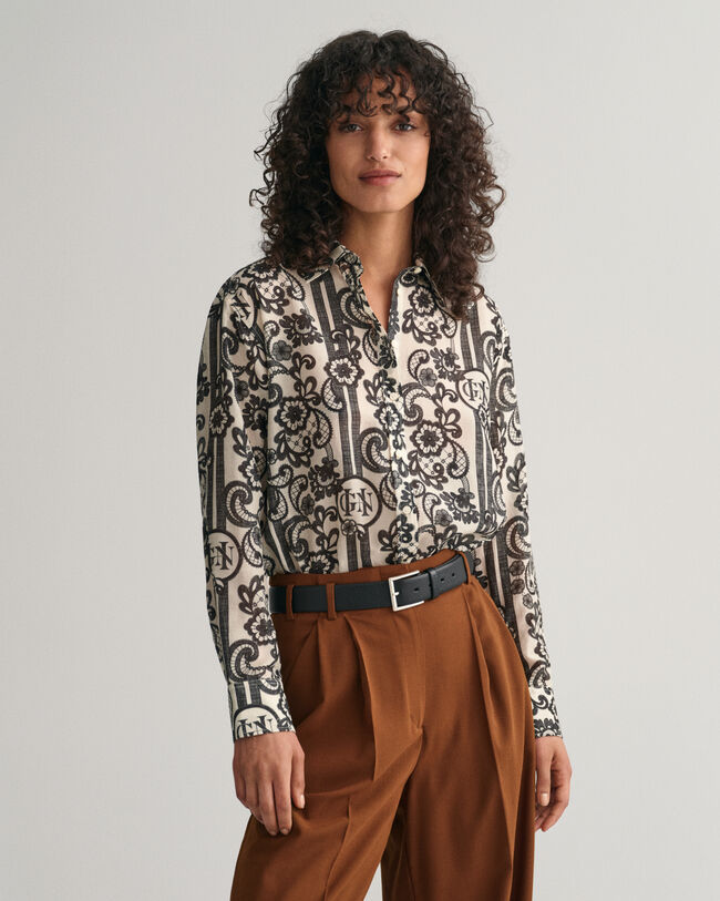 Relaxed Fit Baumwoll Seiden Bluse mit Spitzen-Print