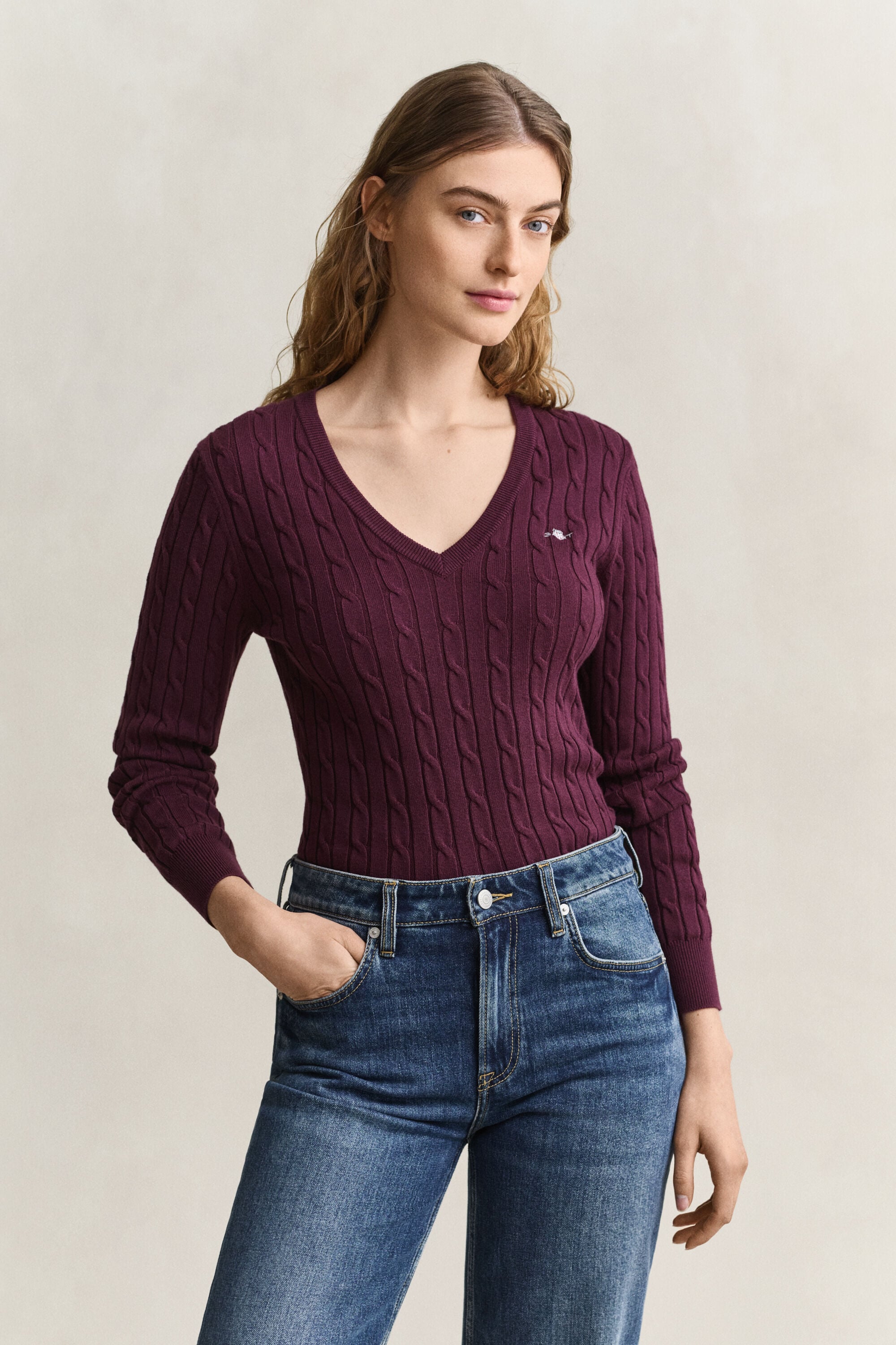 Zopfstrick V-Neck Pullover aus Stretch-Baumwolle