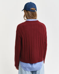 Breit gerippter V-Neck Wollpullover