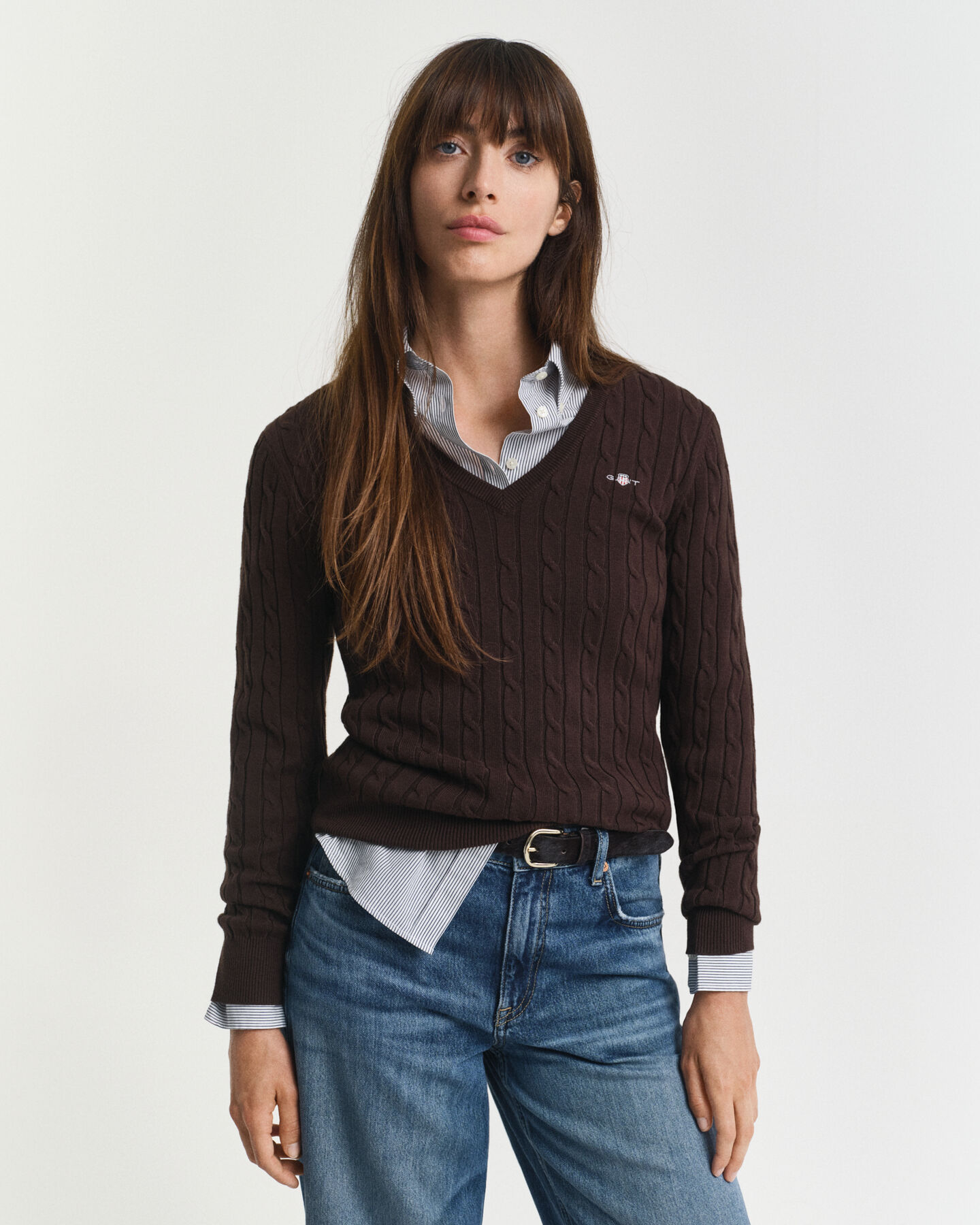 Zopfstrick V-Neck Pullover aus Stretch-Baumwolle