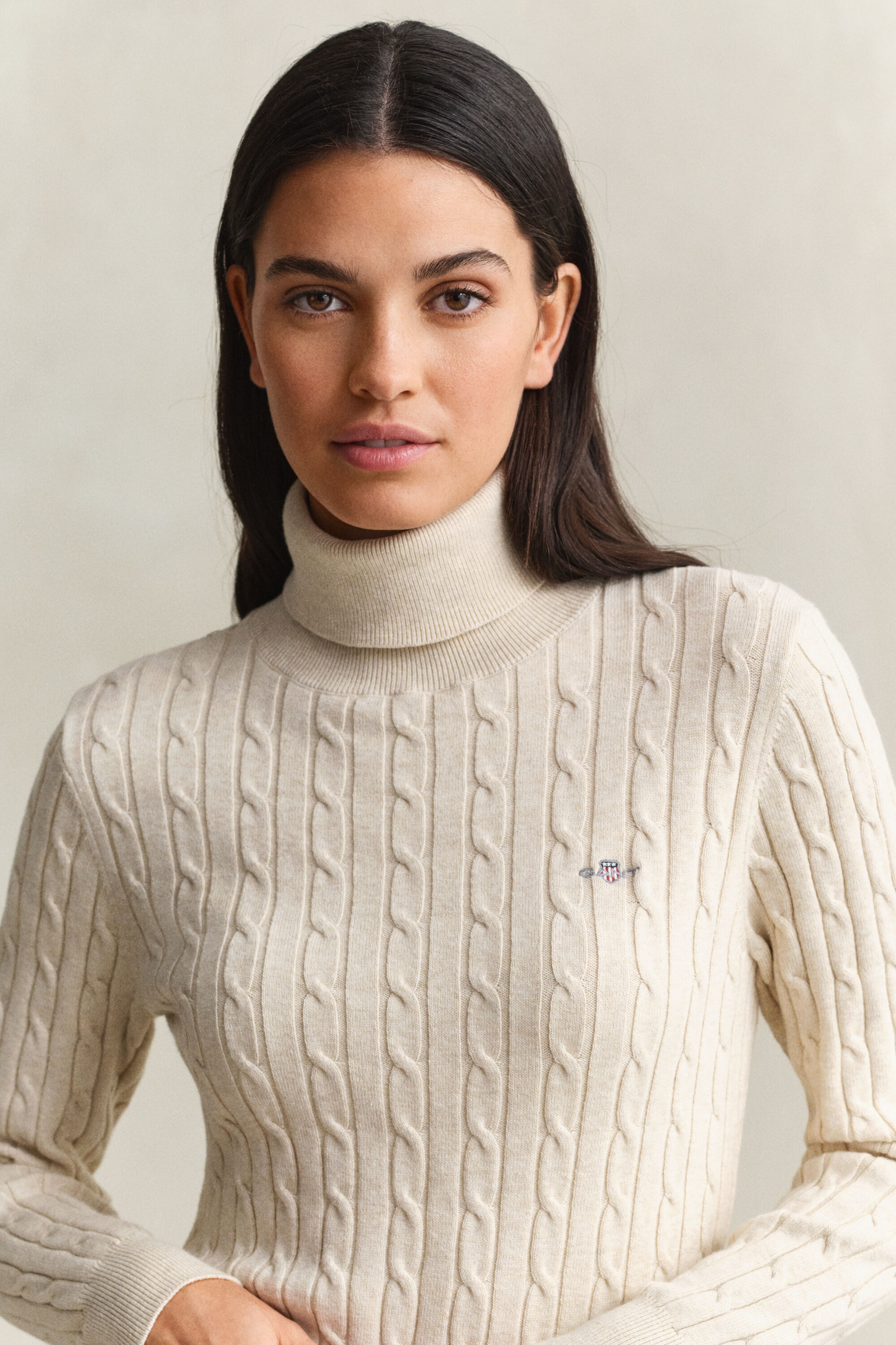 Zopfstrick Rollkragenpullover aus Stretch-Baumwolle