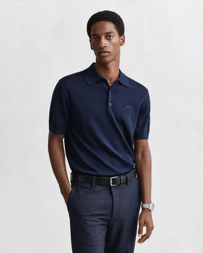 Kurz&auml;rmeliger Polopullover aus extrafeiner Merinowolle