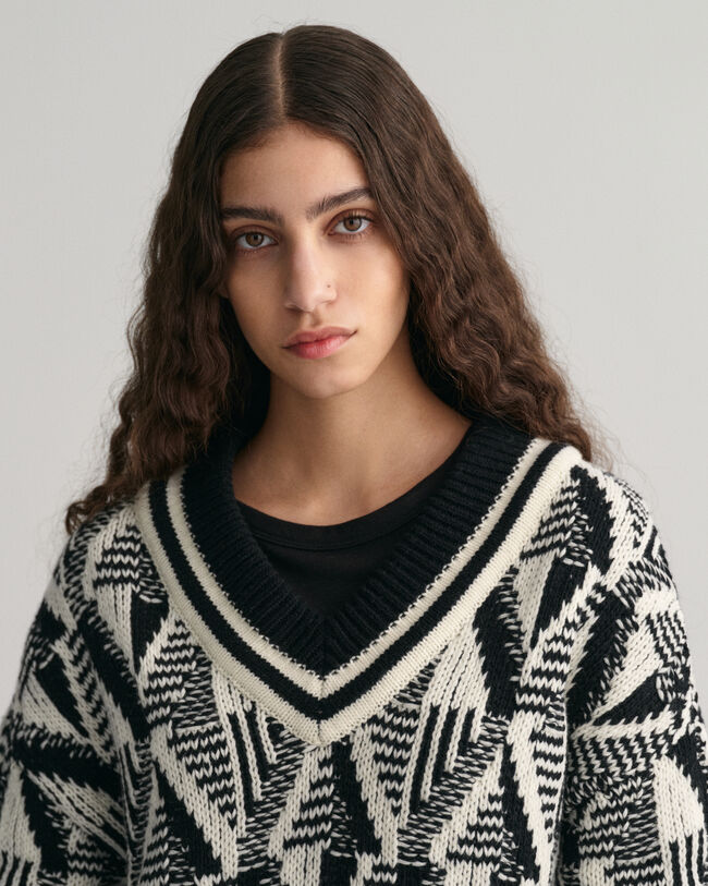 Geometric V-Neck Pullover mit Muster