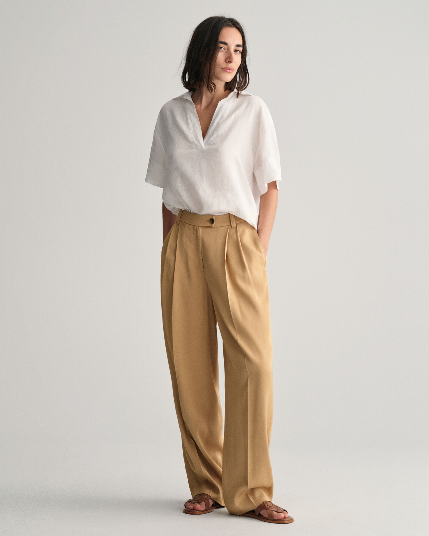 Relaxed Fit Popover Leinen Kurzarmbluse