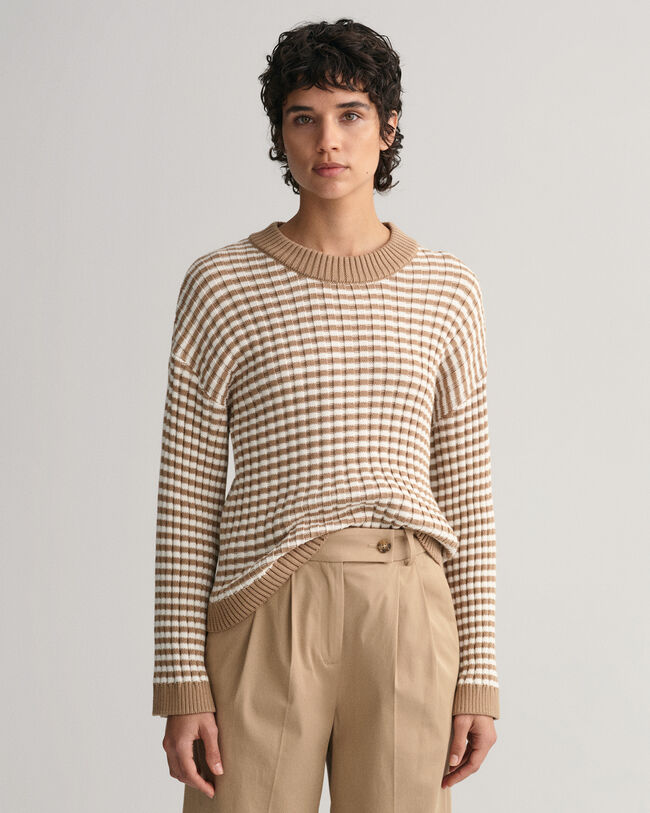 Gerippter Rundhalspullover aus Baumwolle mit Streifen