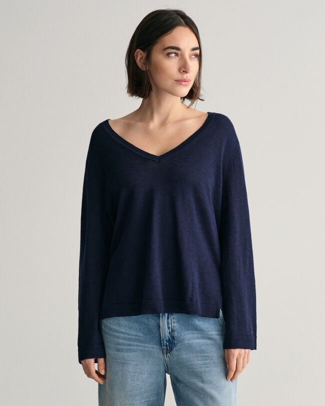 V-Neck Pullover aus Leinenmischgewebe