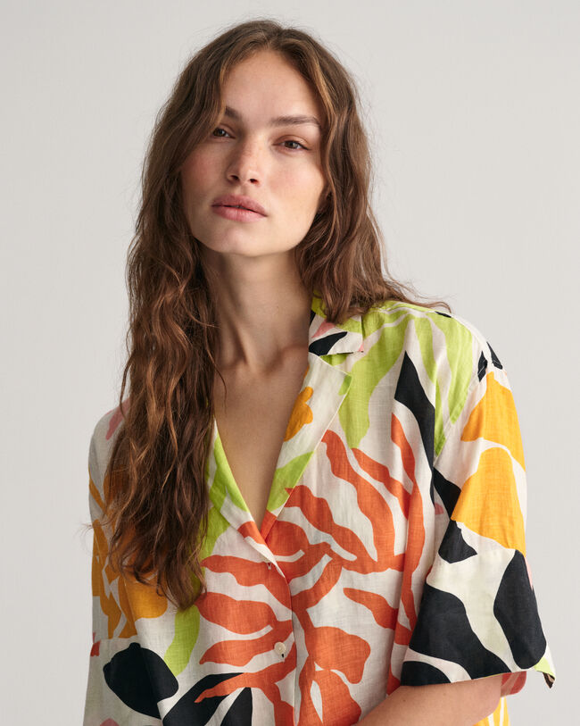 Relaxed Fit Palm Print Leinen Kurzarmbluse