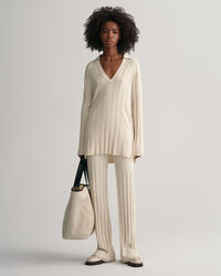 Rippstrickpullover mit offenem Kragen