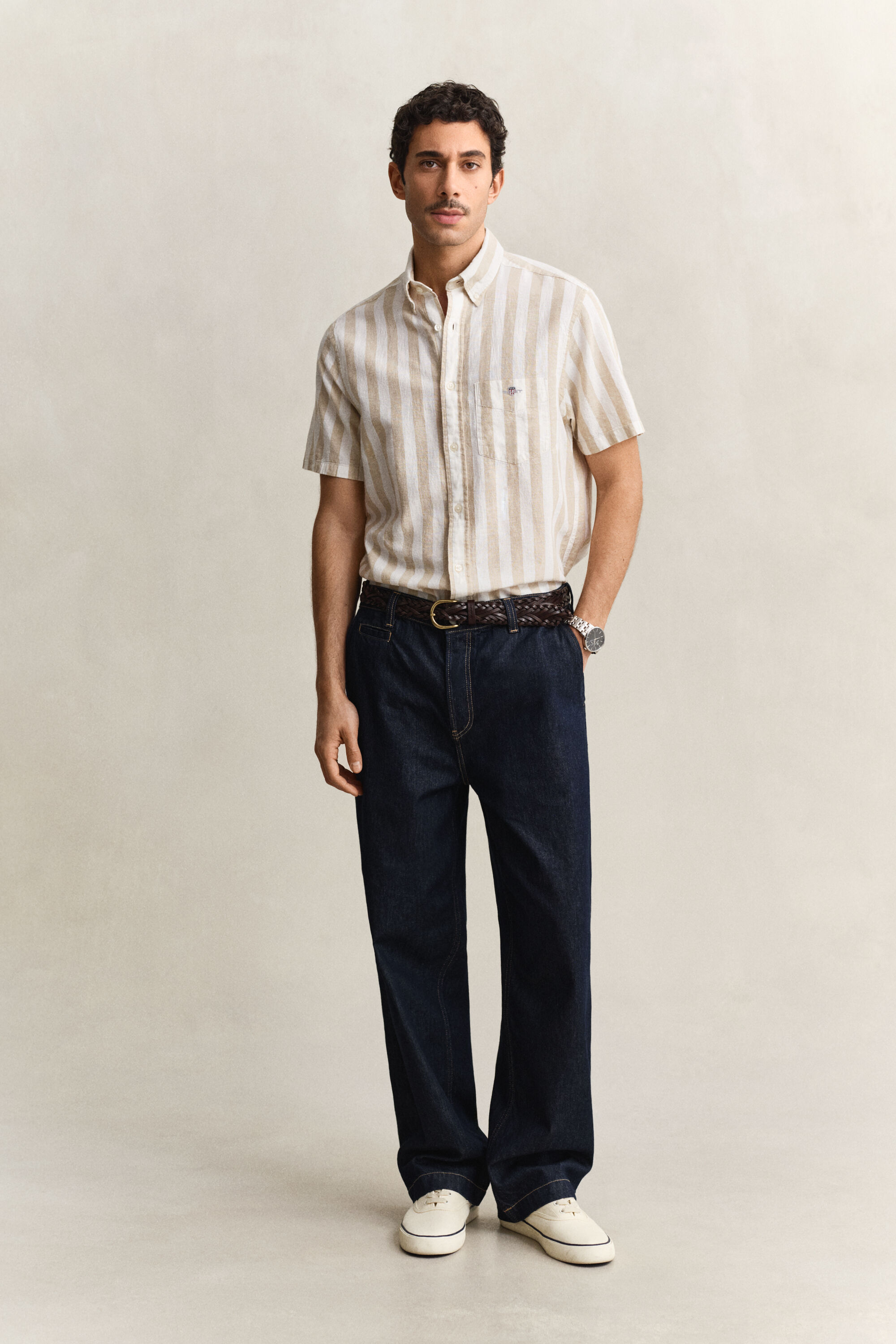 Gestreiftes Kurzarm-Hemd aus Leinenmix