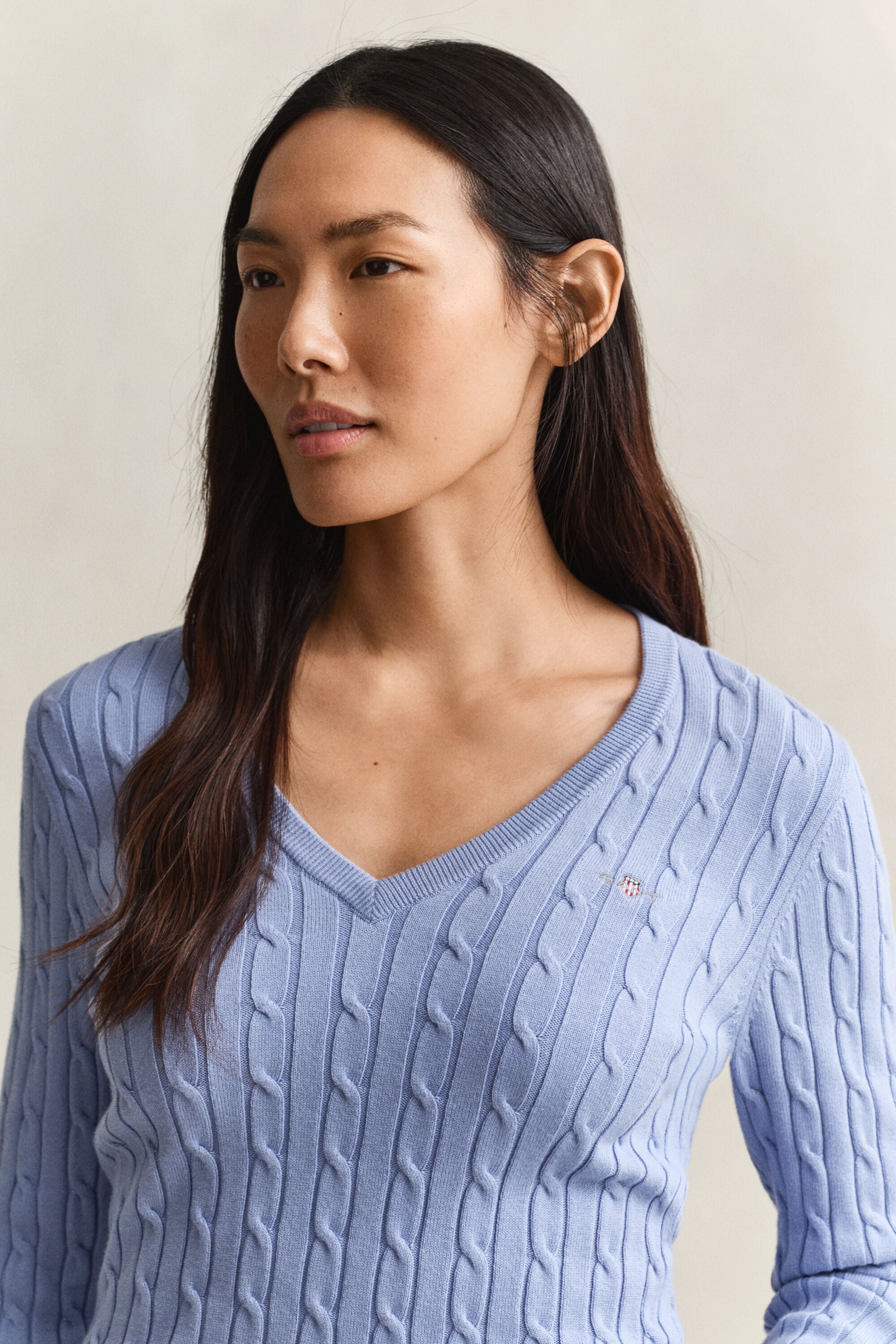 Zopfstrick V-Neck Pullover aus Stretch-Baumwolle