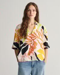 Relaxed Fit Palm Print Leinen Kurzarmbluse