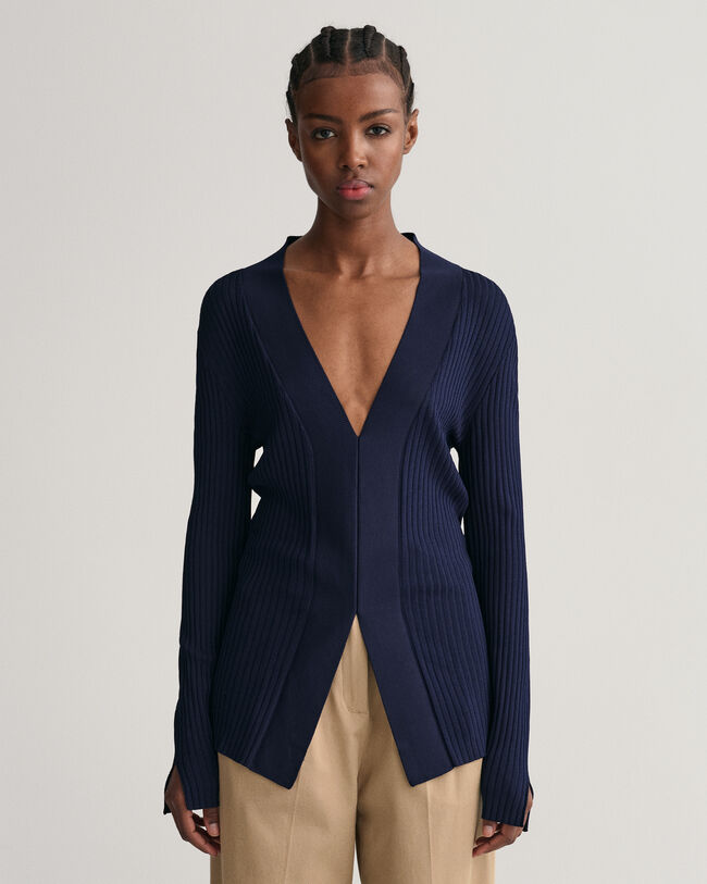 Geripptes V-Neck Langarm Oberteil