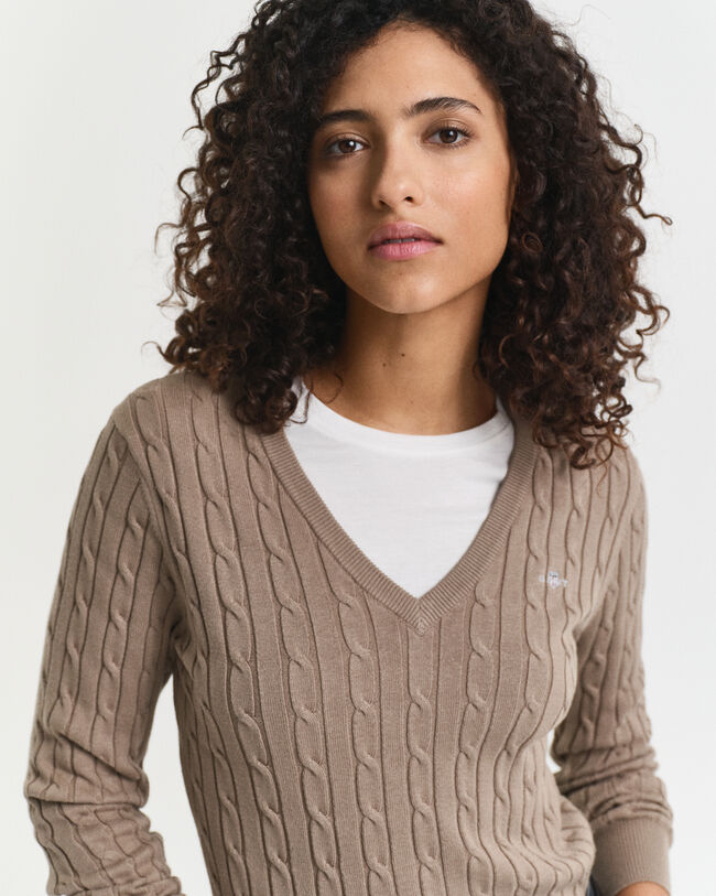 Zopfstrick V-Neck Pullover aus Stretch-Baumwolle