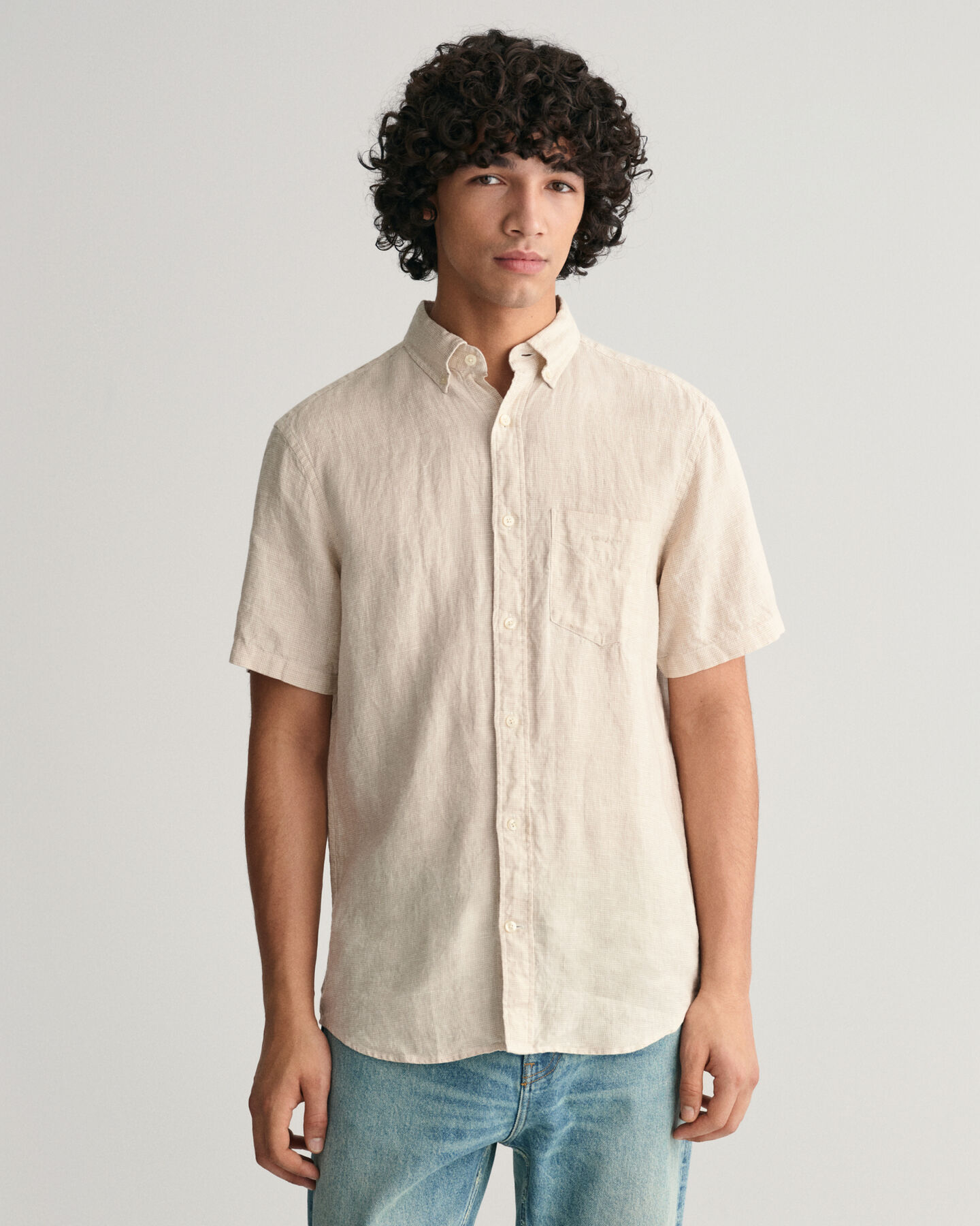 Regular Fit Leinen Kurzarmhemd im Hahnentrittmuster