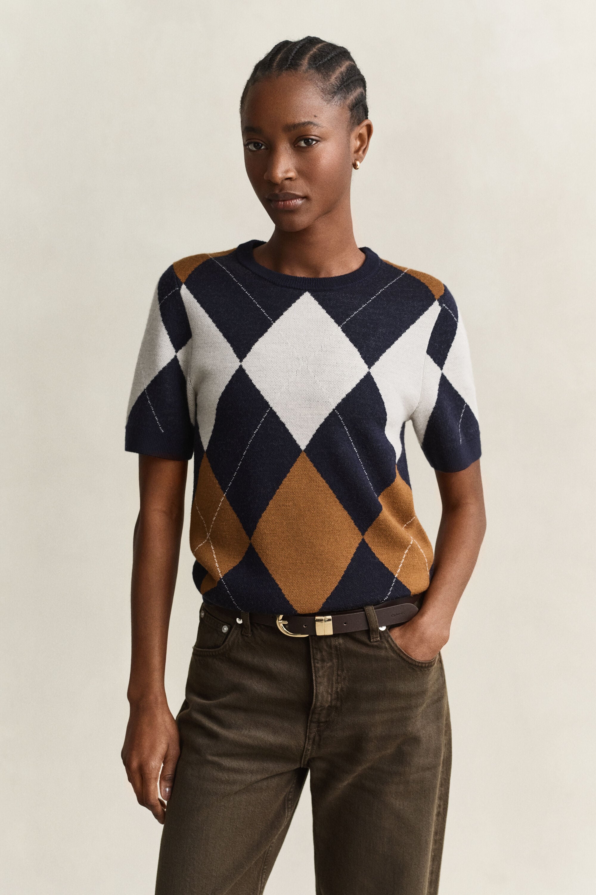Argyle Kurzarmpullover aus Wolle