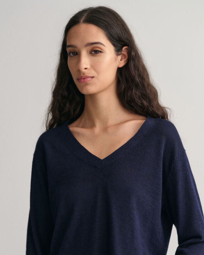 V-Neck Pullover aus Leinenmischgewebe