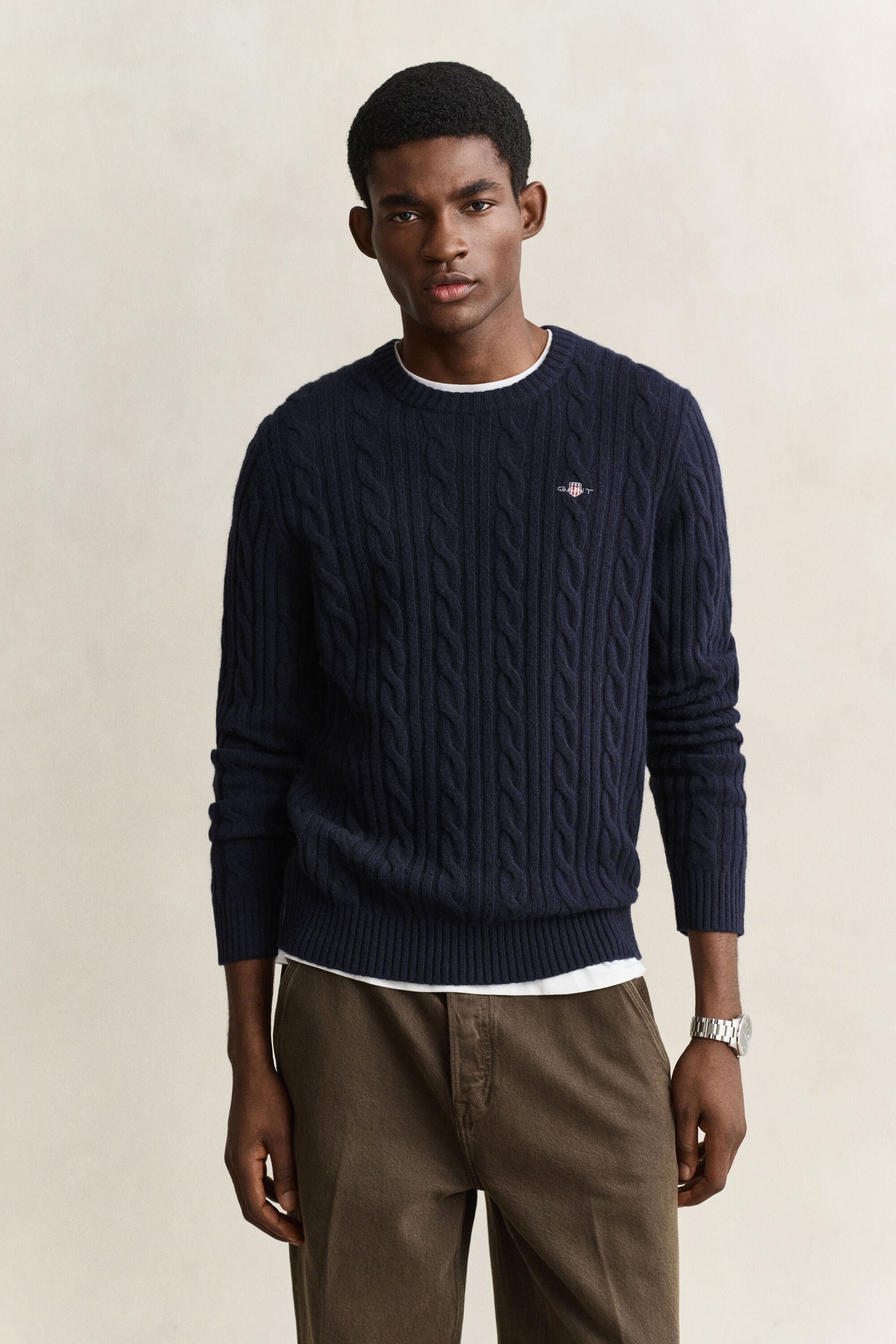 Lambswool Zopfstrick Rundhalspullover