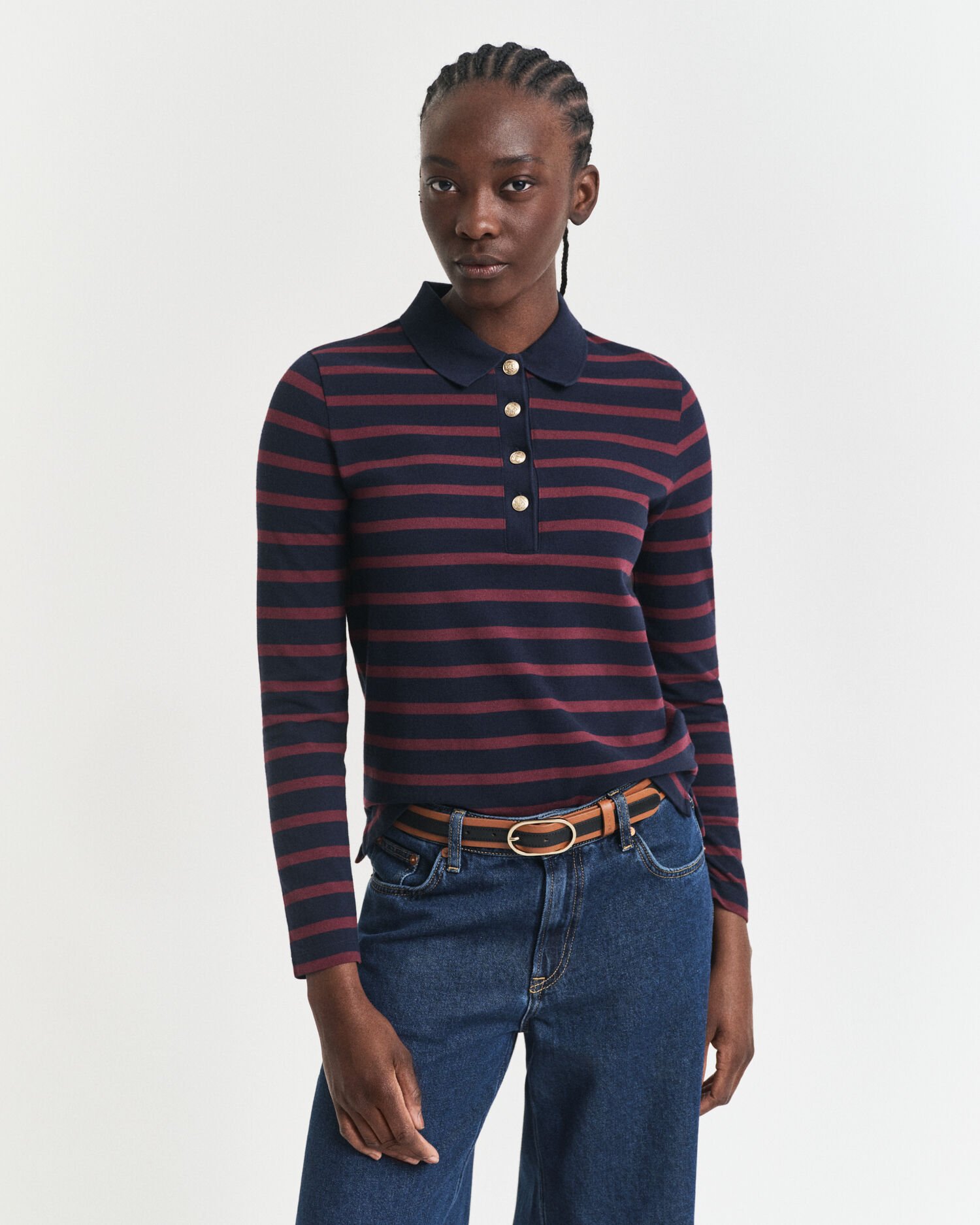 Breton Striped Piqué Langarm-Poloshirt