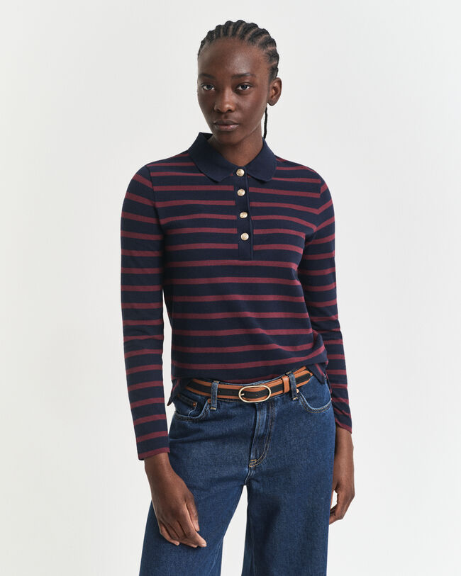 Breton Striped Piqué Langarm-Poloshirt
