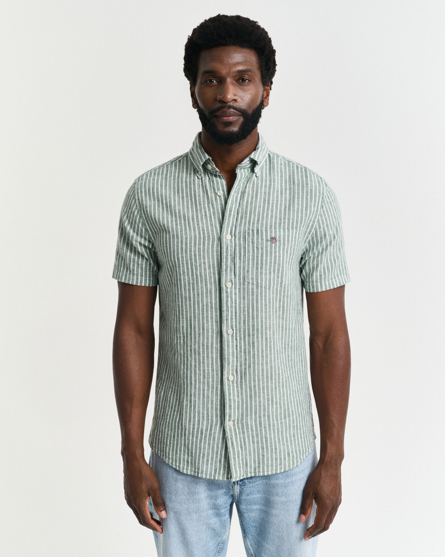 Regular Fit Baumwoll Leinen Kurzarmhemd mit Streifen