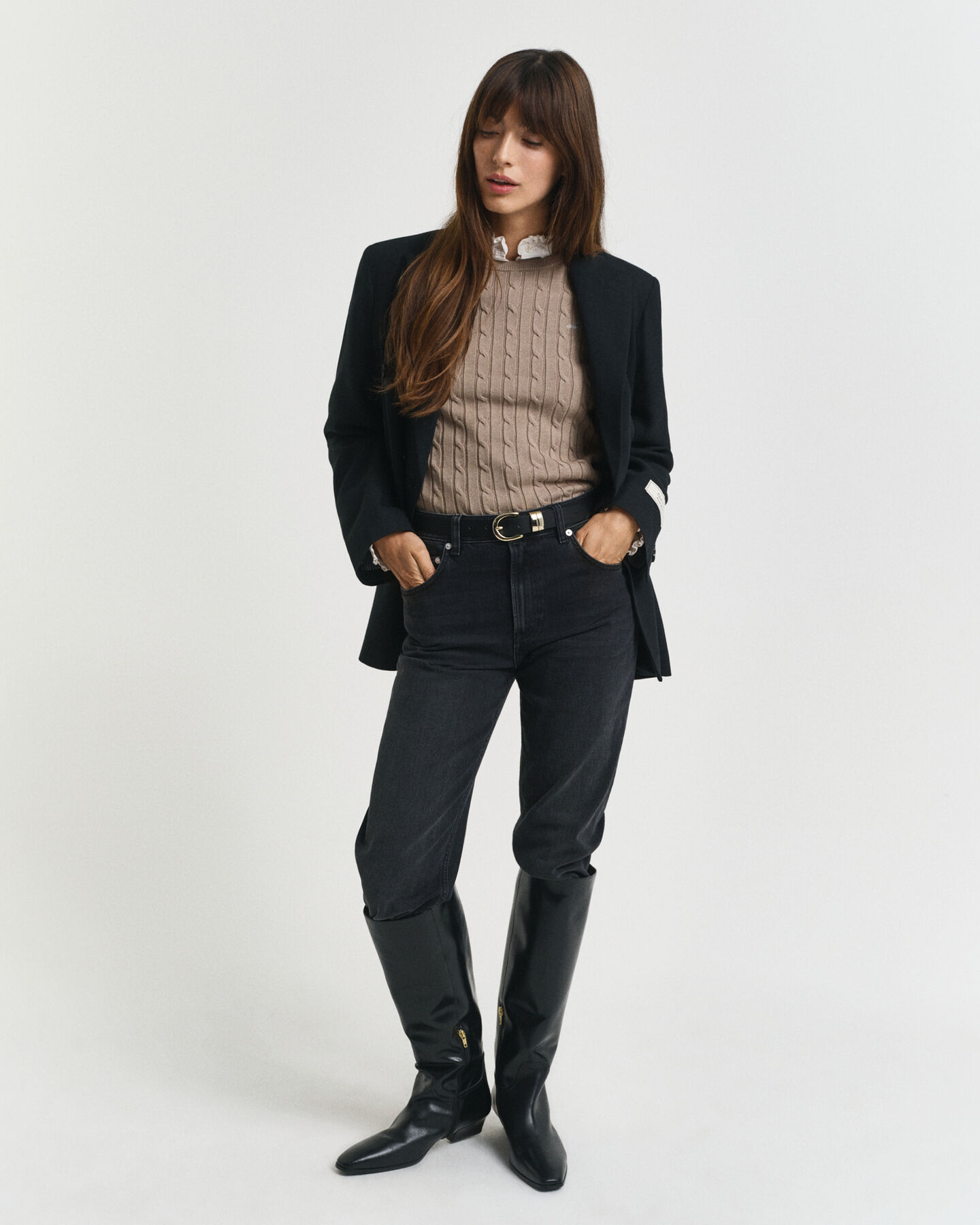 Zopfstrick Rundhalspullover aus Stretch-Baumwolle