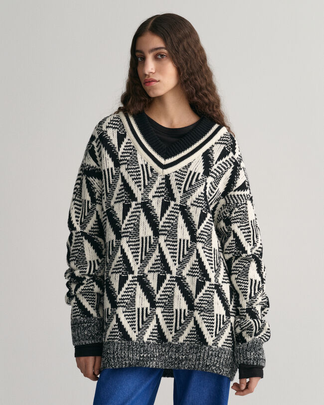 Geometric V-Neck Pullover mit Muster