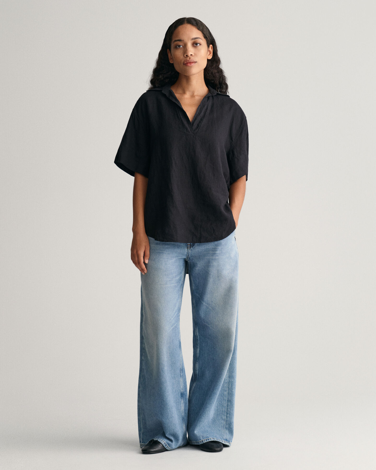 Relaxed Fit Popover Leinen Kurzarmbluse