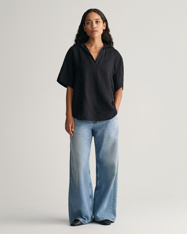 Relaxed Fit Popover Leinen Kurzarmbluse