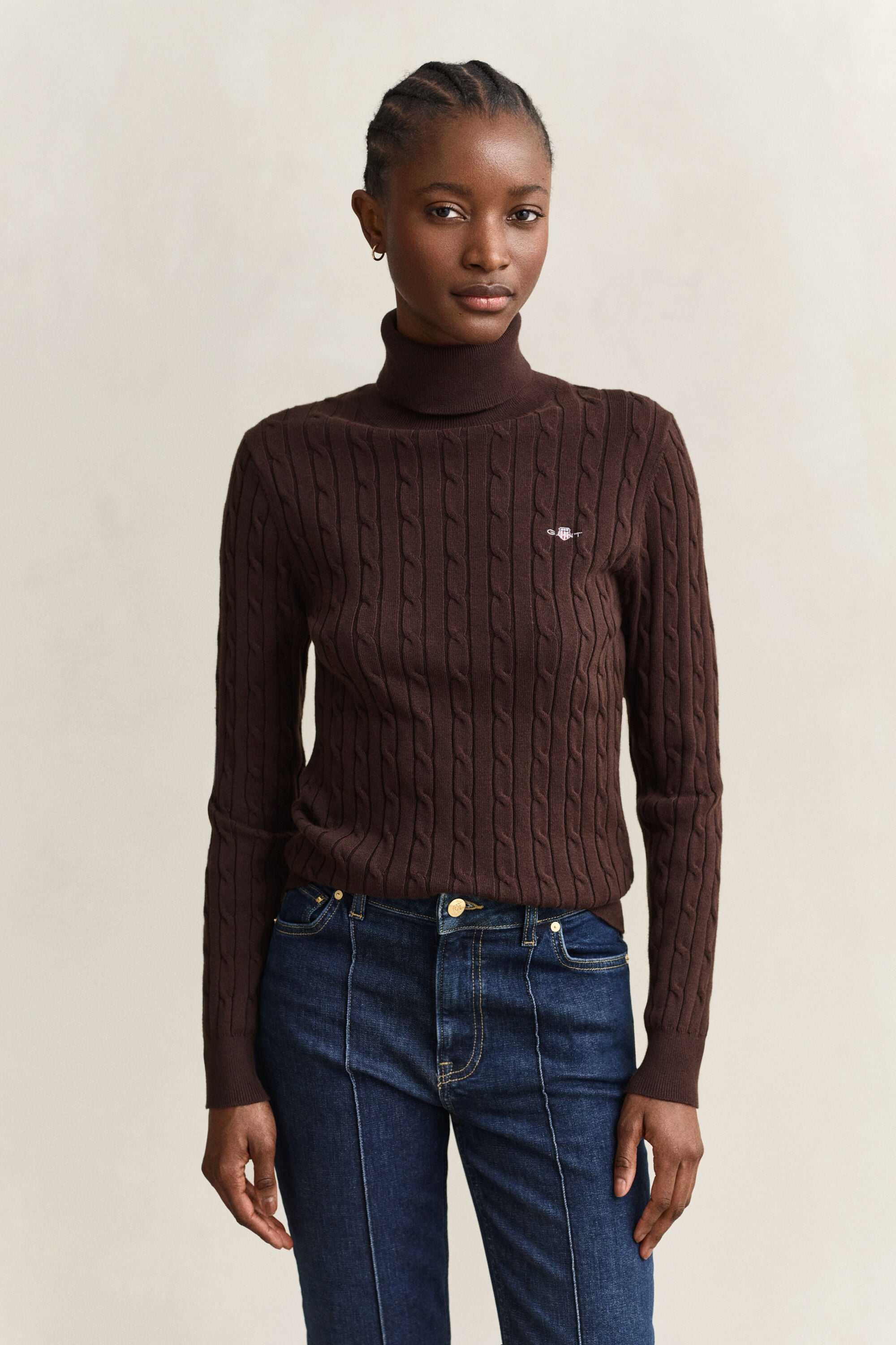 Zopfstrick Rollkragenpullover aus Stretch-Baumwolle