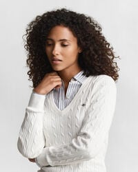 Zopfstrick V-Neck Pullover aus Stretch-Baumwolle