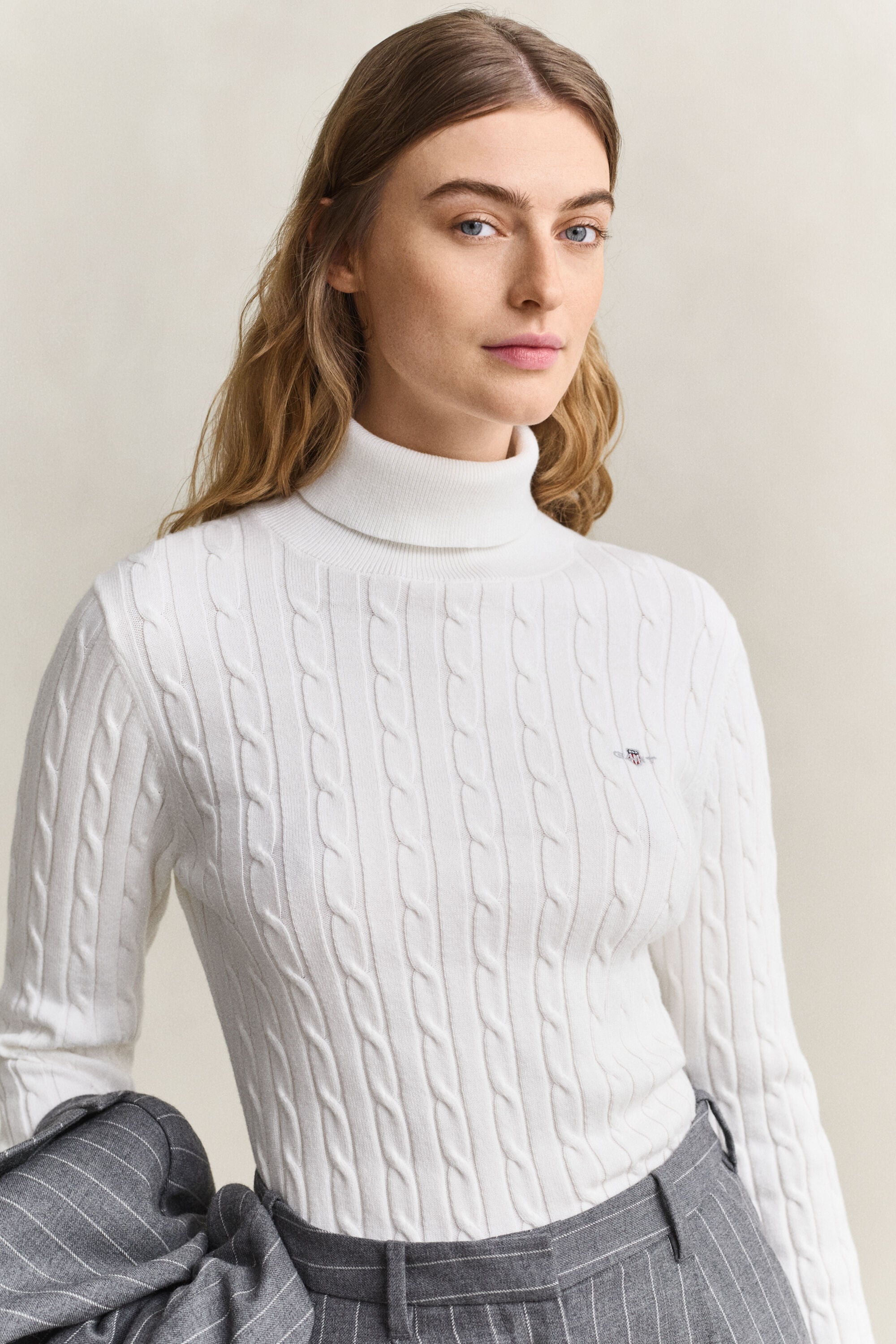 Zopfstrick Rollkragenpullover aus Stretch-Baumwolle