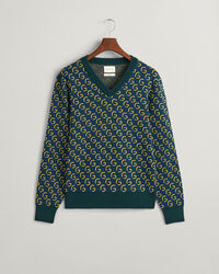 Jacquard V-Neck Pullover aus Merinowolle
