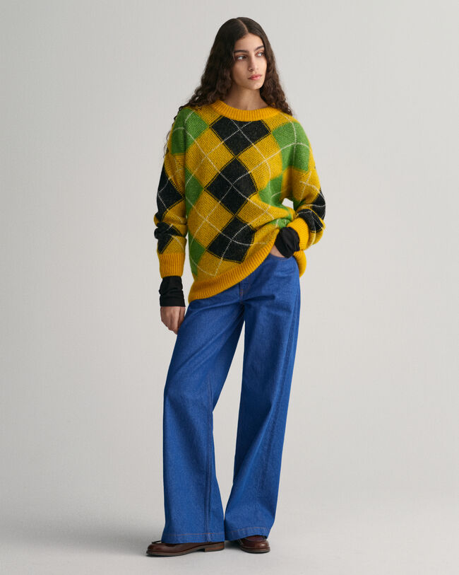 Furry Rundhalspullover mit Argyle-Muster